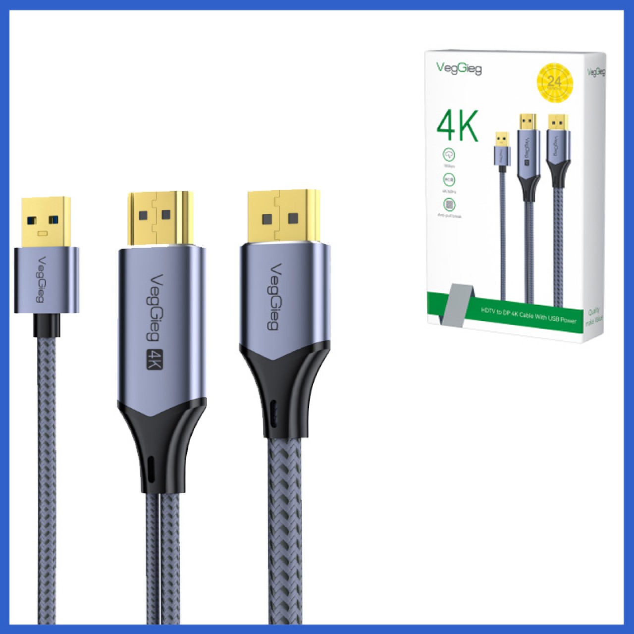 唯格HDMI转DP 4K公对公带USB供电2米